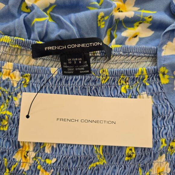 French Connection Dress Women's 6 Blue Yellow Floral Mini Cap Short Sleeve NWT - Picture 5 of 16